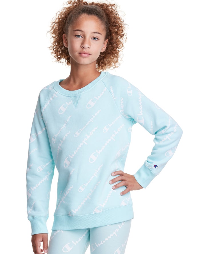 Champion Girls Sweatshirt NZ - Fleece Raglan Allover Logo Light Blue ( 6150-DJMCE )